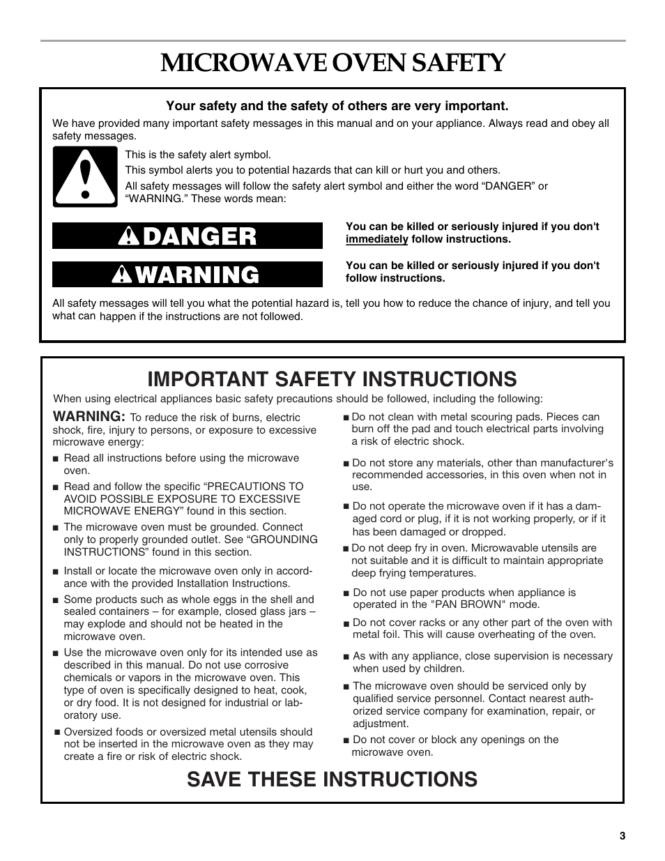 Safety, Microwave oven safety, Save these instructions | Important safety instructions, Warning | KITCHENAID KBMC140  EN User Manual | Page 3 / 20