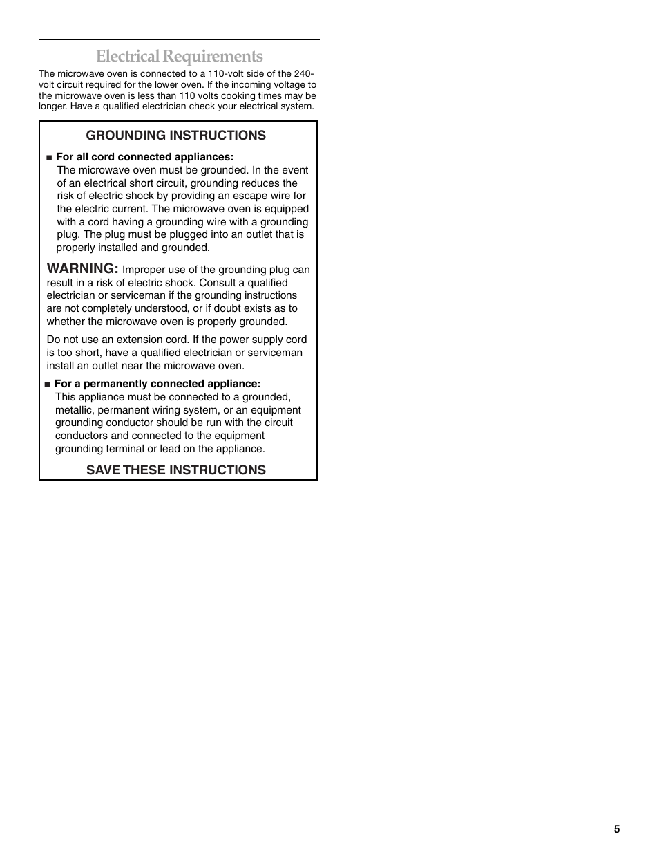 Electrical requirements, Warning | KITCHENAID KBMC140  EN User Manual | Page 5 / 20