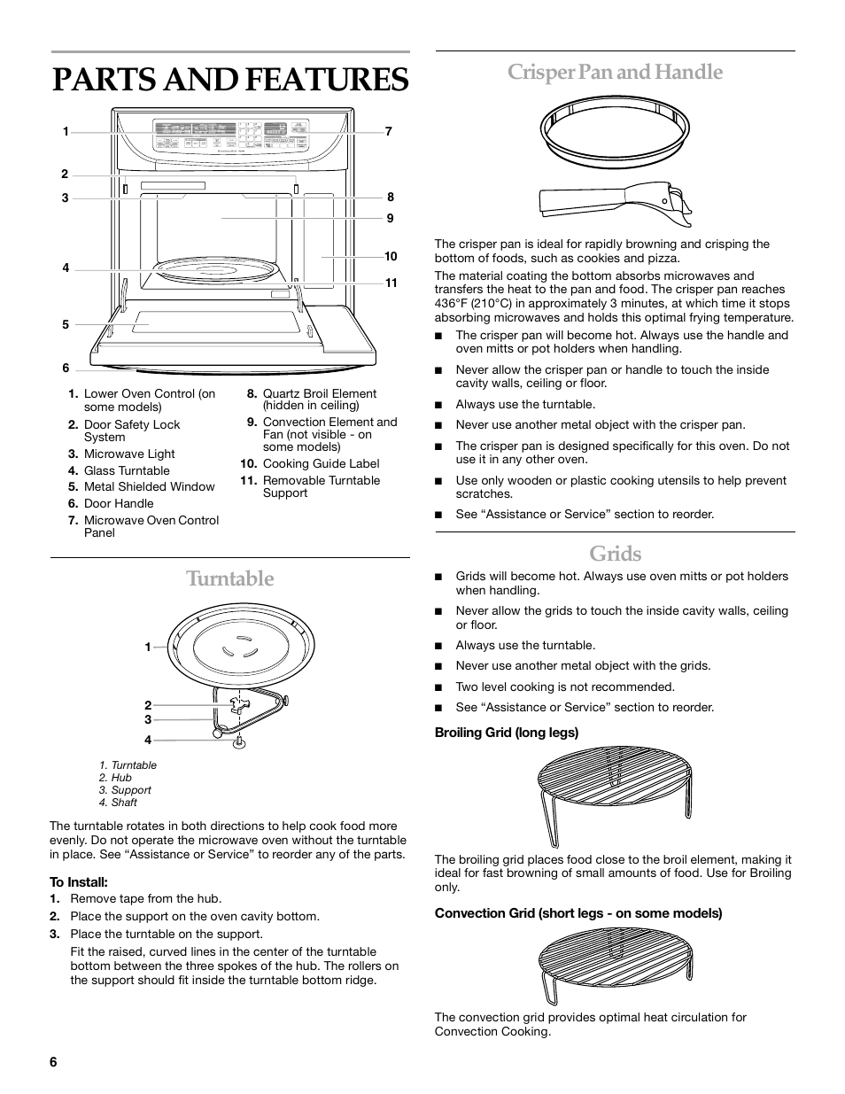 Parts andfeatures, Parts and features, Turntable | Crisper pan and handle, Grids | KITCHENAID KBMC140  EN User Manual | Page 6 / 20