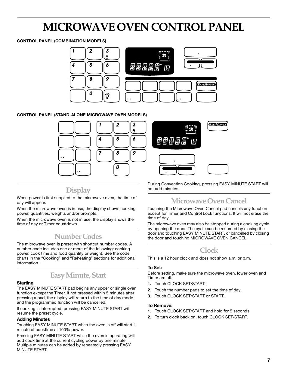 Microwave oven control panel, Display, Number codes | Easy minute, start, Microwave oven cancel, Clock | KITCHENAID KBMC140  EN User Manual | Page 7 / 20