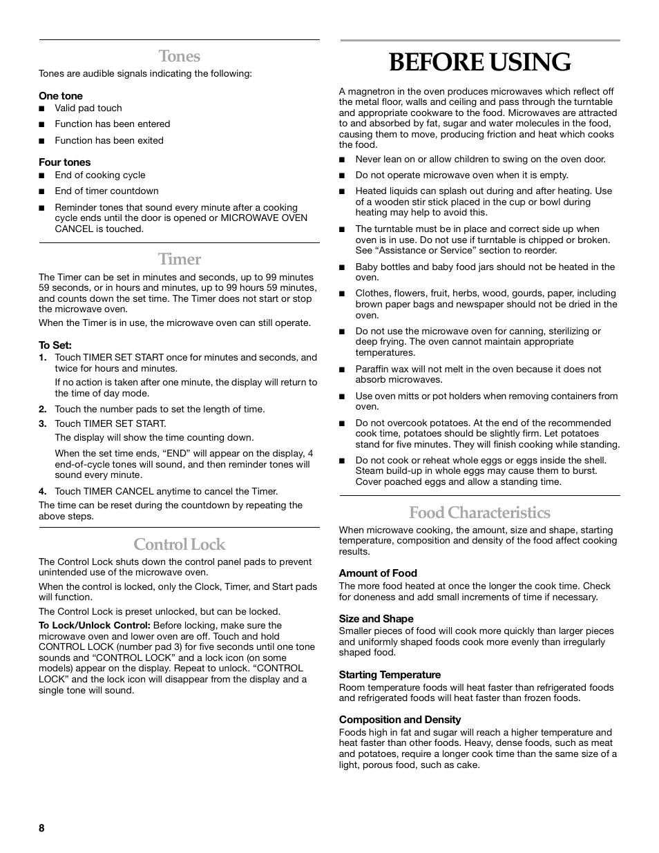 Before using, Tones, Timer | Control lock, Food characteristics | KITCHENAID KBMC140  EN User Manual | Page 8 / 20