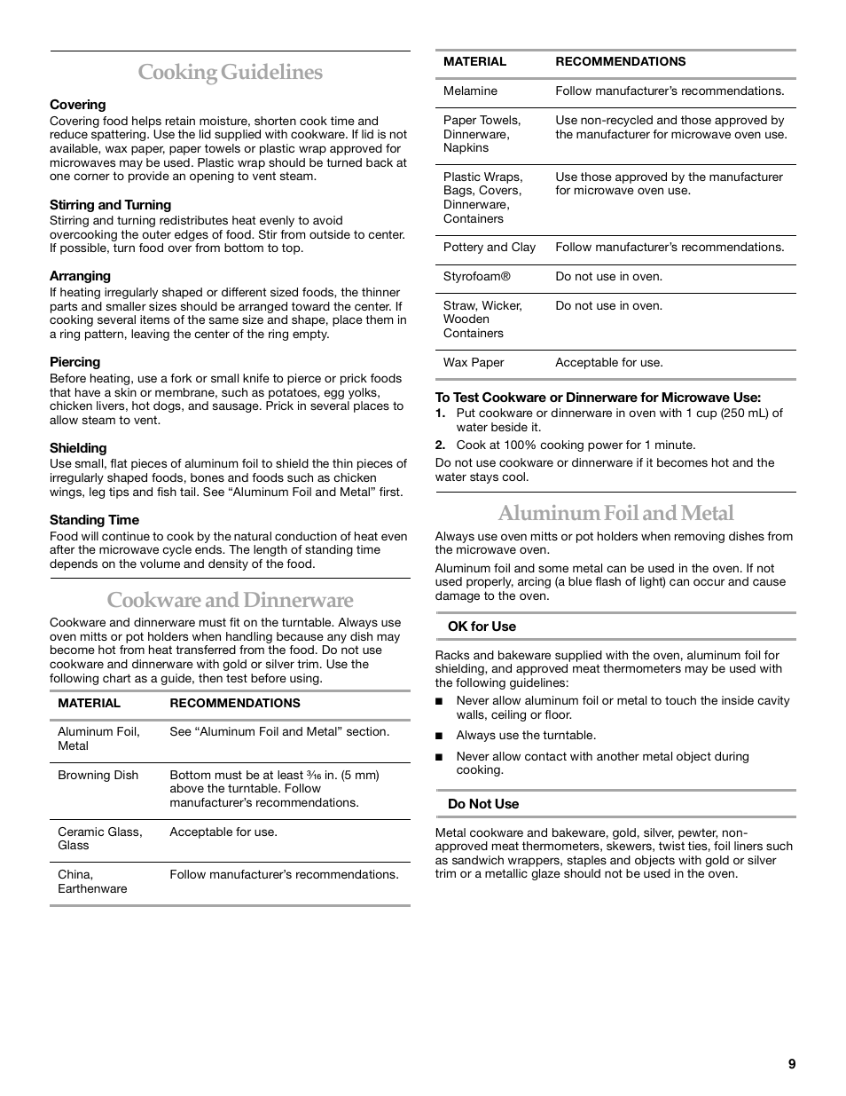 Cooking guidelines, Cookware and dinnerware, Aluminum foil and metal | KITCHENAID KBMC140  EN User Manual | Page 9 / 20