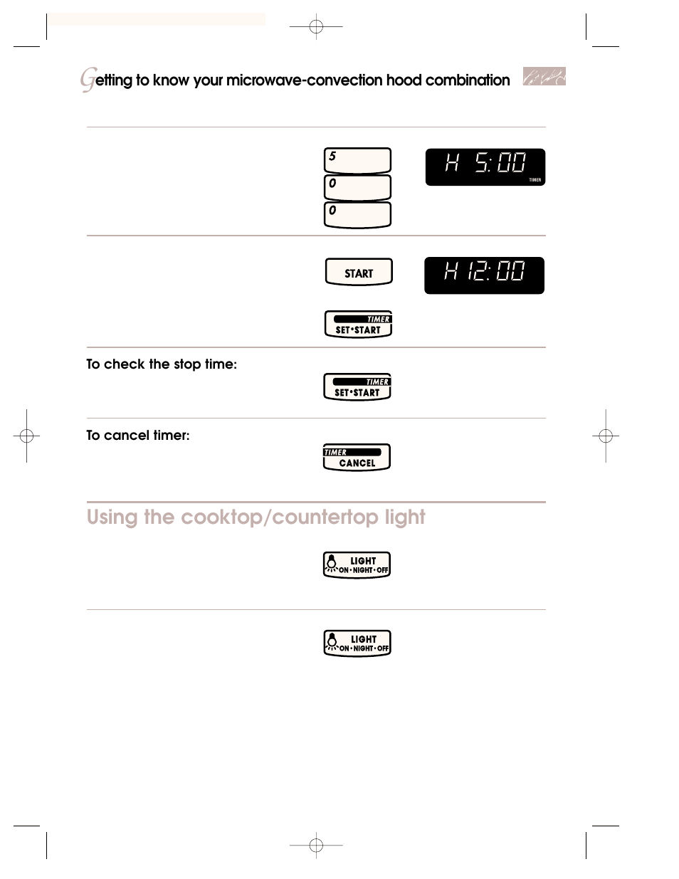 Using the cooktop/countertop light, Set stop time, Start timer | Turn on light. 2. turn off light when desired, The set time will be displayed for 3 seconds, Touch you see touch you see, Touch | KITCHENAID 3828W5A0969 User Manual | Page 13 / 72