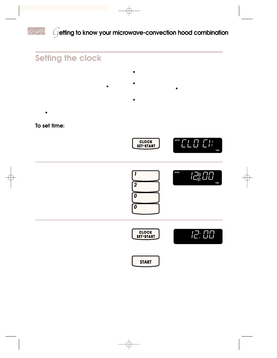 Setting the clock, Complete entry, Example for 12:00 | Touch you see touch you see | KITCHENAID 3828W5A0969 User Manual | Page 16 / 72
