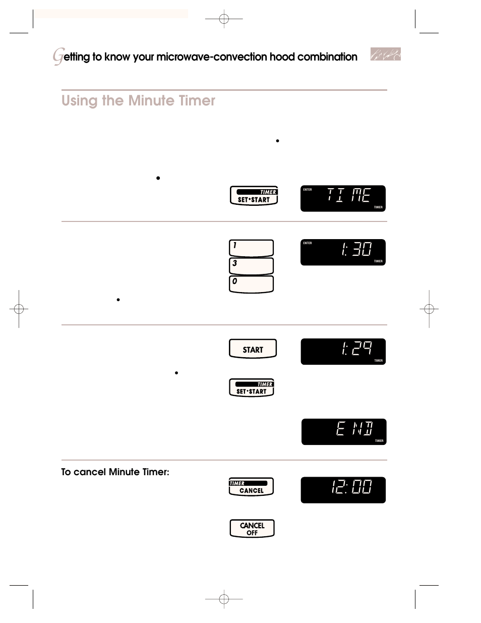 Using the minute timer, Start countdown, You see | Touch you see, One tone will sound), Start, Time of day), Cancel | KITCHENAID 3828W5A0969 User Manual | Page 17 / 72