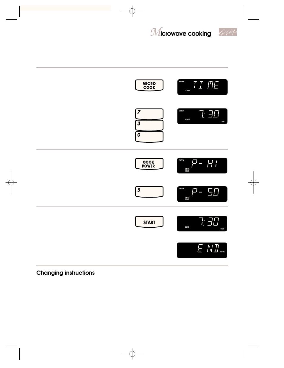 Icrowave cooking, Set cook power, Start oven | Changing instructions, Example for 7 minutes, 30 seconds, Example for 50% cook power, At end of cooking time, Touch you see, You see, Start | KITCHENAID 3828W5A0969 User Manual | Page 21 / 72