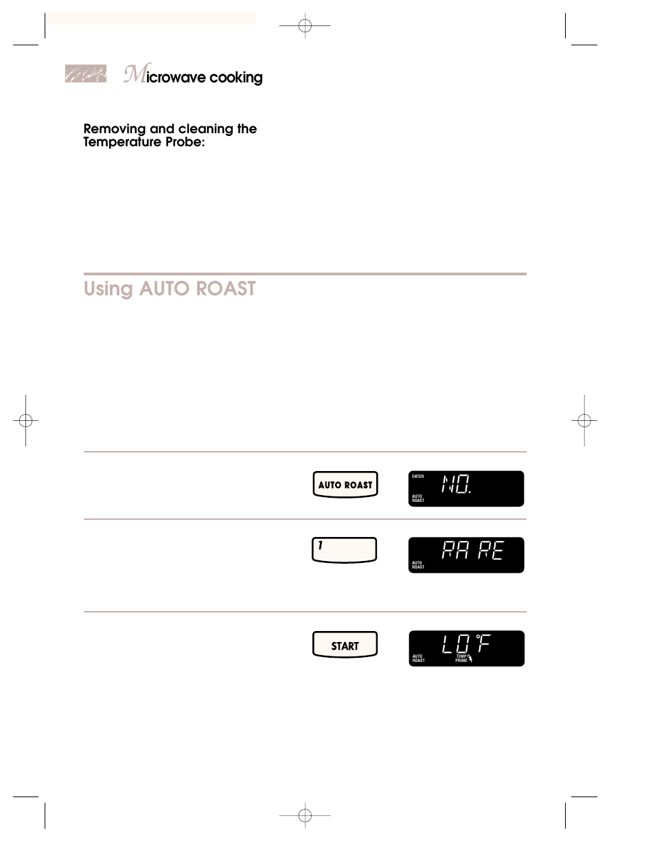 Using auto roast, Icrowave cooking, Removing and cleaning the temperature probe | Start oven, Touch you see, Start | KITCHENAID 3828W5A0969 User Manual | Page 32 / 72