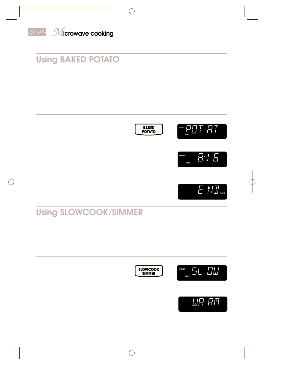 Using baked potato, Using slowcook/simmer, Icrowave cooking | After 2nd and 3rd stages, oven will simmer food, You see, This time will vary), Baked potato, Slowcook simmer | KITCHENAID 3828W5A0969 User Manual | Page 38 / 72