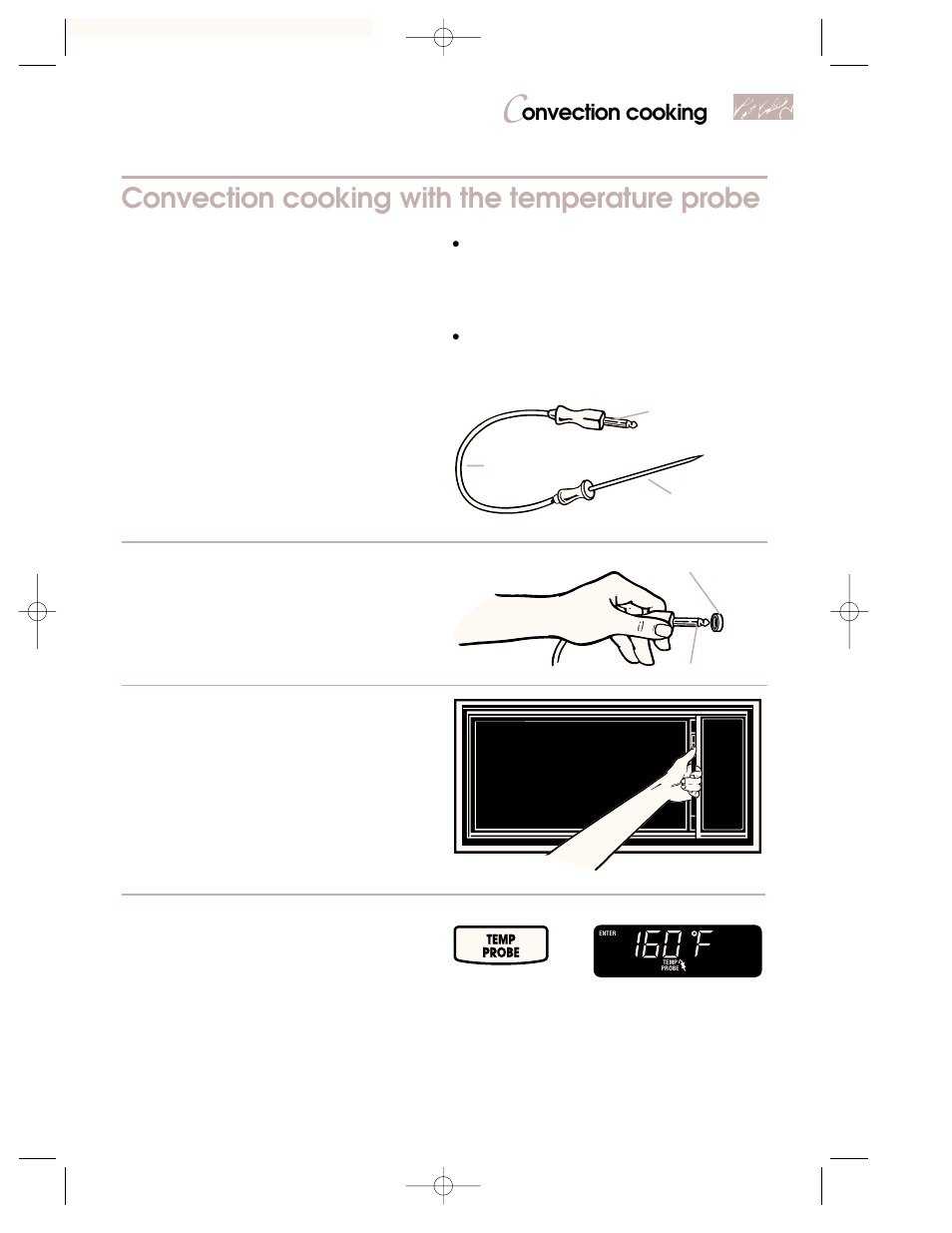 Convection cooking with the temperature probe, Onvection cooking, Insert probe into food | Close the door, Choose temperature probe setting | KITCHENAID 3828W5A0969 User Manual | Page 47 / 72