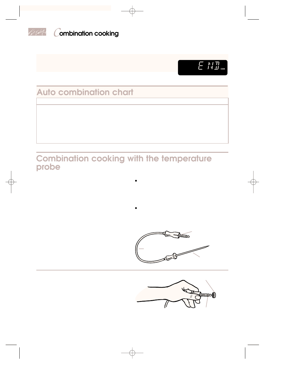 Combination cooking with the temperature probe, Auto combination chart, Ombination cooking | Insert probe into food | KITCHENAID 3828W5A0969 User Manual | Page 56 / 72