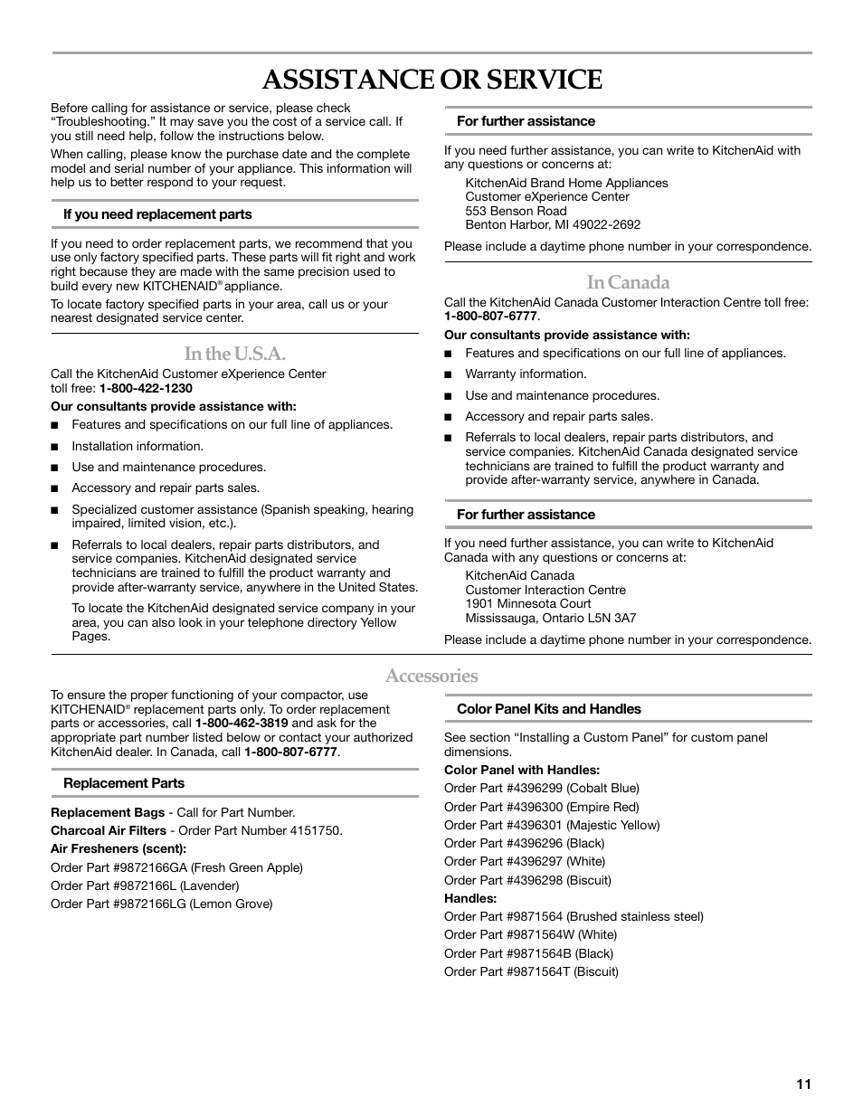 Assistance or service, Accessories | KITCHENAID 9871915B User Manual | Page 11 / 12