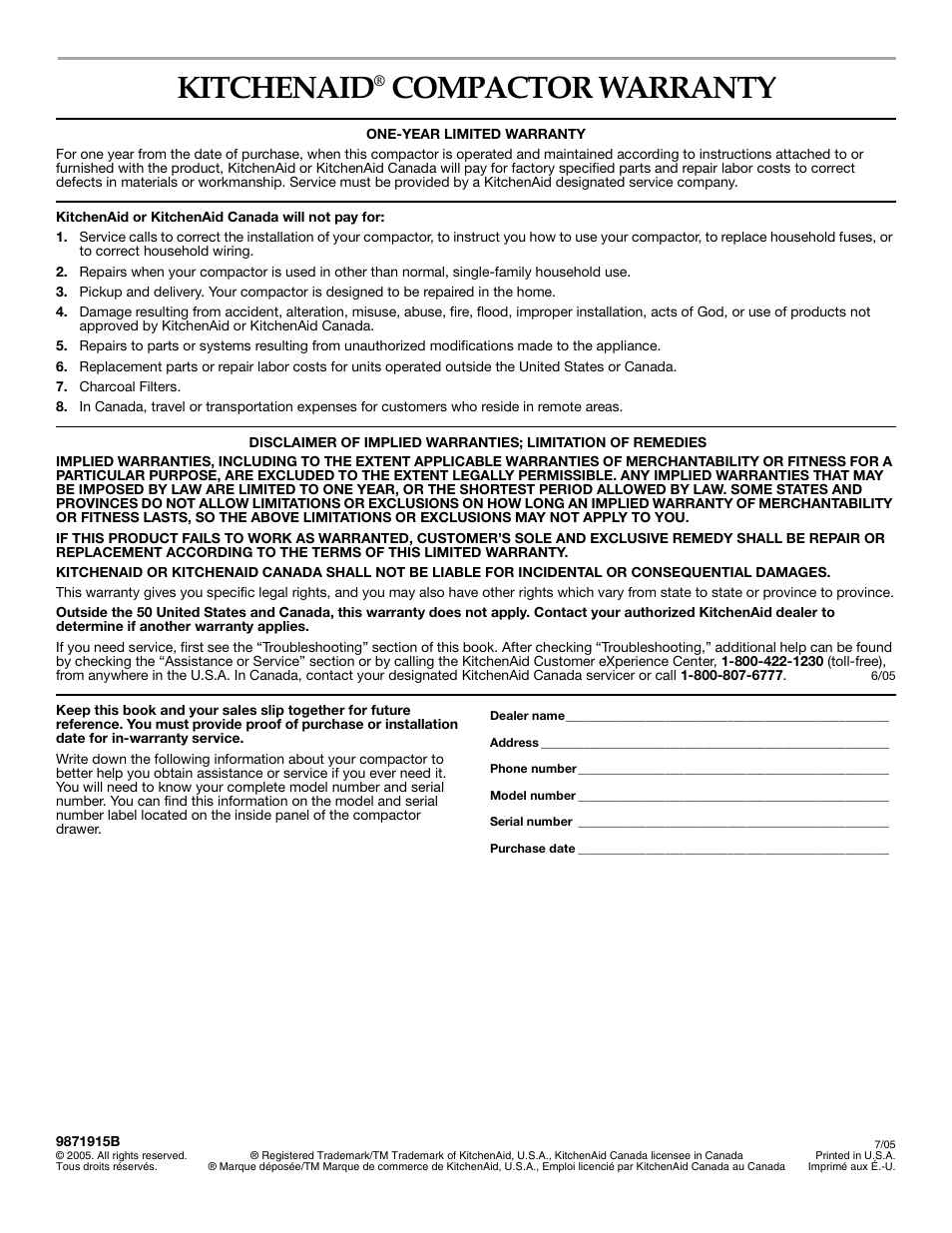 Kitchenaid, Compactor warranty | KITCHENAID 9871915B User Manual | Page 12 / 12