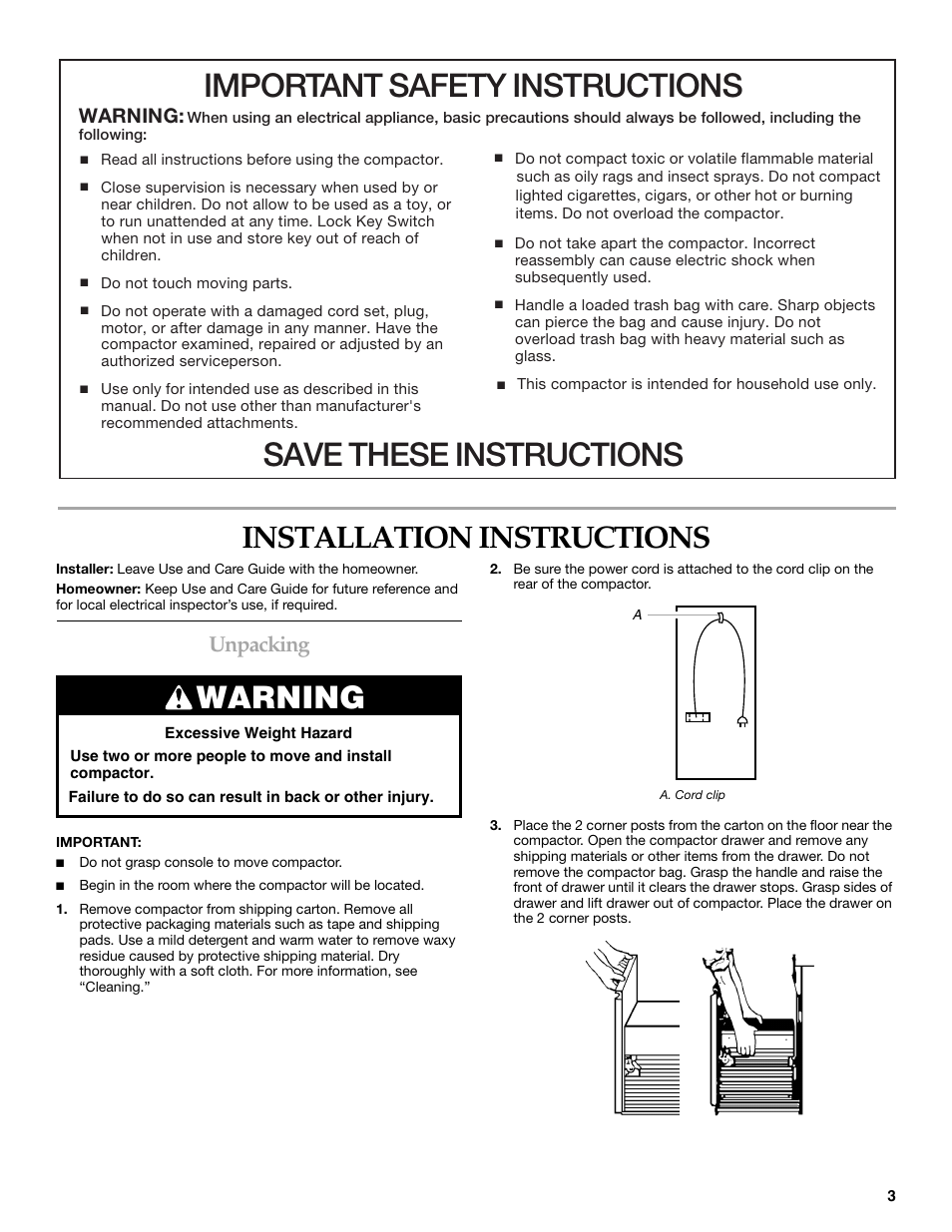 Important safety instructions, Save these instructions, Installation instructions | Unpacking, Warning | KITCHENAID 9871915B User Manual | Page 3 / 12