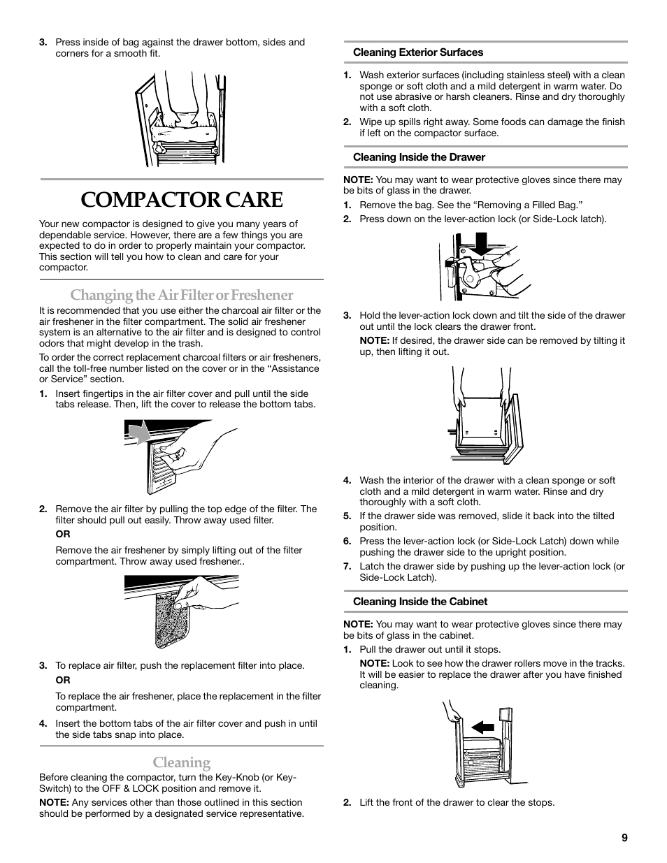 Compactor care, Changing the air filter or freshener, Cleaning | KITCHENAID 9871915B User Manual | Page 9 / 12