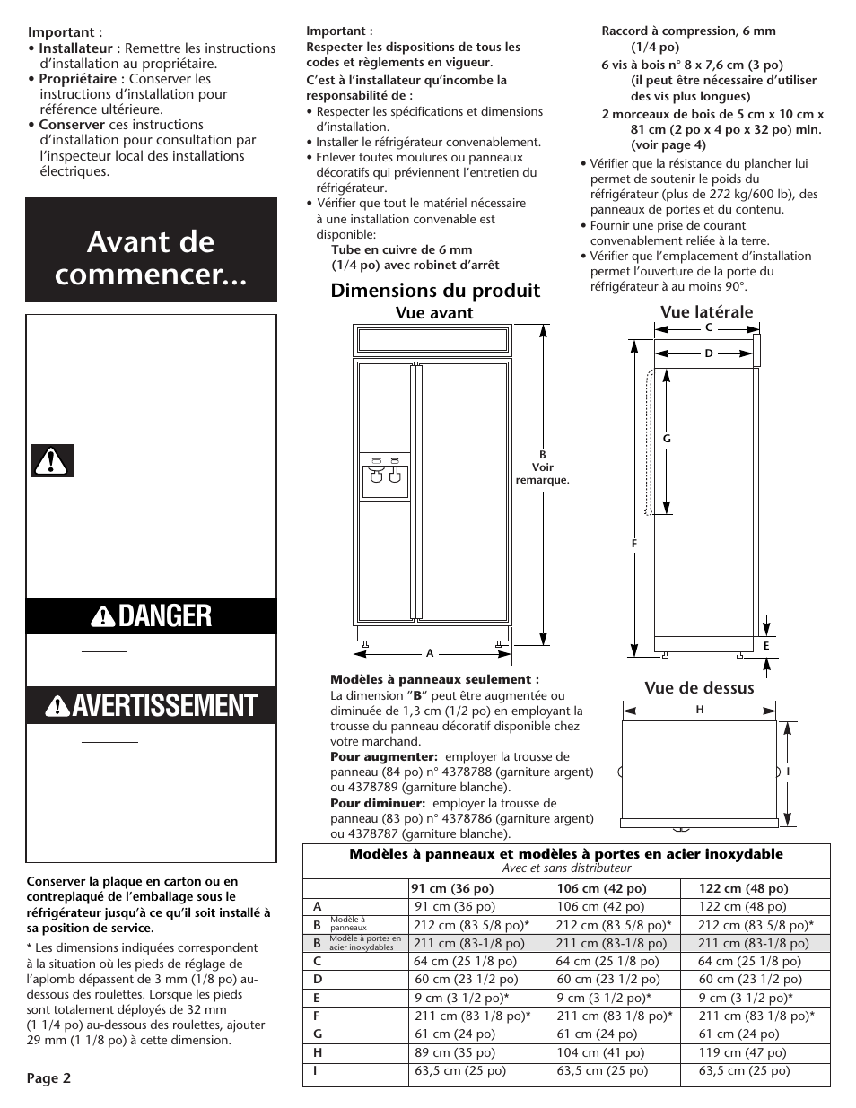 Avant de commencer, Avertissement danger, Dimensions du produit | KITCHENAID DHT-486XP User Manual | Page 13 / 34