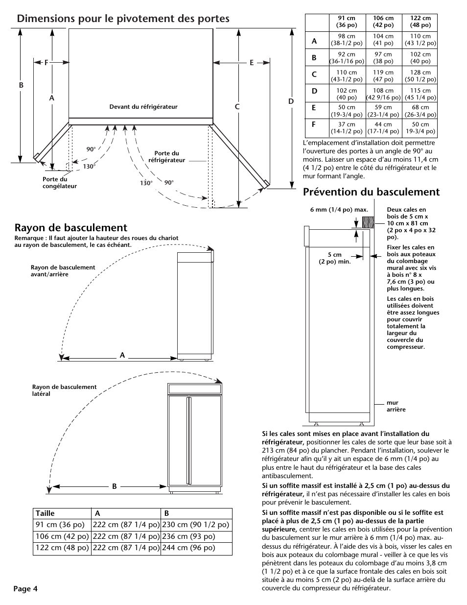 Dimensions pour le pivotement des portes, Rayon de basculement, Prévention du basculement rayon de basculement | KITCHENAID DHT-486XP User Manual | Page 15 / 34