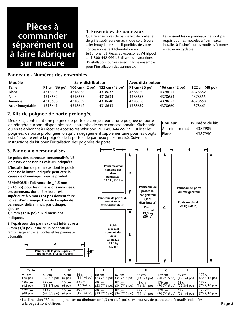 Kits de poignée de porte prolongée, Ensembles de panneaux, Panneaux - numéros des ensembles | Panneaux personnalisés | KITCHENAID DHT-486XP User Manual | Page 16 / 34