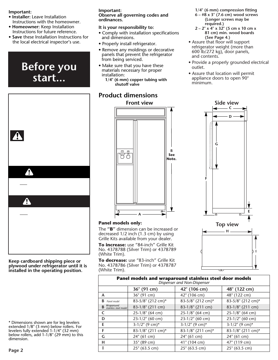 Before you start, Warning danger, Product dimensions | KITCHENAID DHT-486XP User Manual | Page 2 / 34