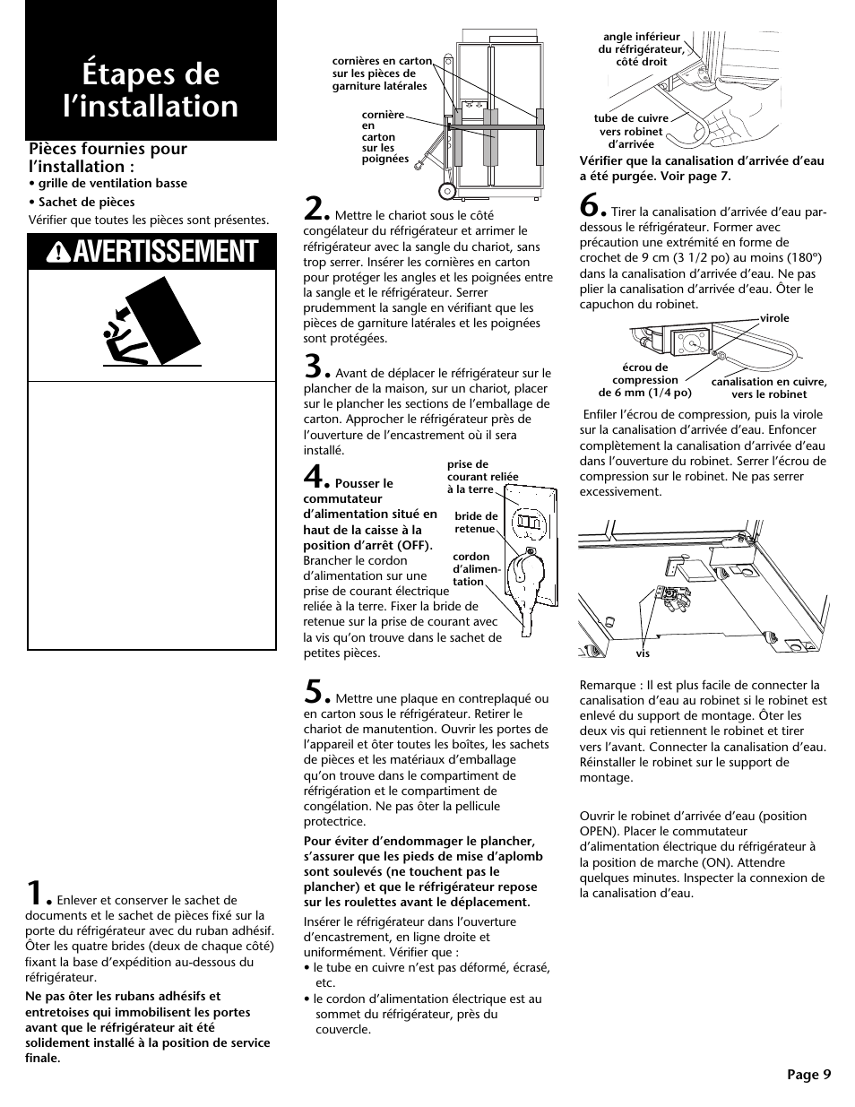 Étapes de l'installation, Étapes de l’installation, Avertissement | KITCHENAID DHT-486XP User Manual | Page 20 / 34