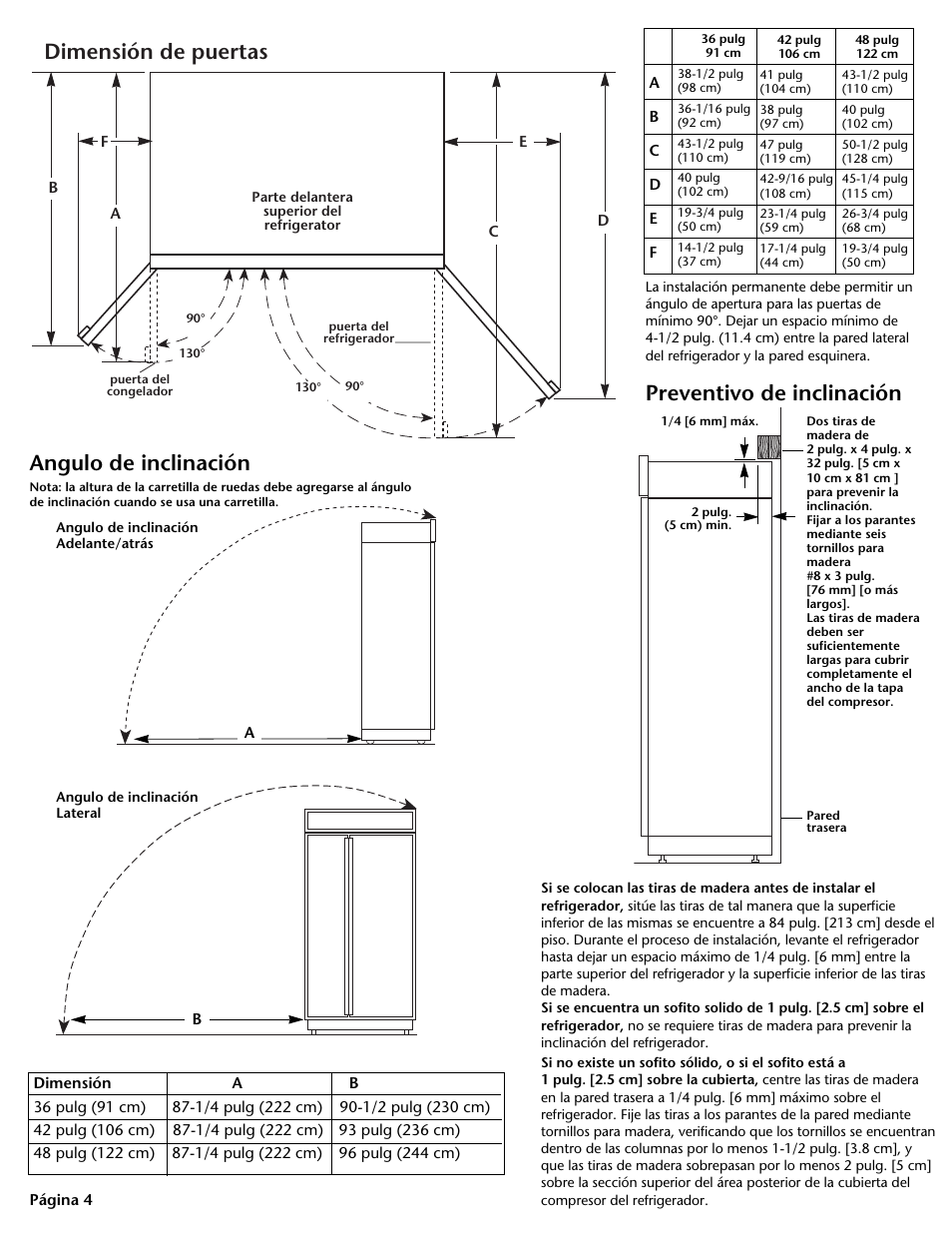 Dimensión de puertas, Angulo de inclinación, Preventivo de inclinación angulo de inclinación | KITCHENAID DHT-486XP User Manual | Page 26 / 34