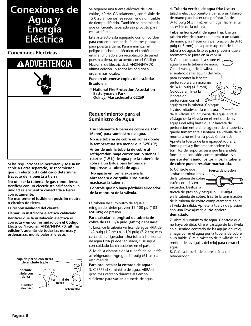 Conexiones de agua u energia electrica, Conexiones de agua y energía eléctrica, Advertencia | KITCHENAID DHT-486XP User Manual | Page 30 / 34