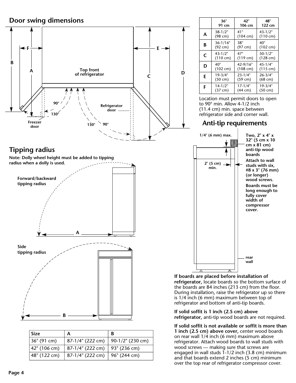 Door swing dimensions, Tipping radius, Anti-tip requirements | Anti-tip requirements tipping radius | KITCHENAID DHT-486XP User Manual | Page 4 / 34