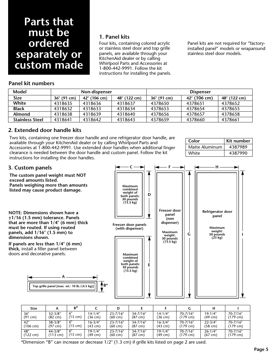 Panel kits, Panel kit numbers, Extended door handle kits | Custom panels | KITCHENAID DHT-486XP User Manual | Page 5 / 34