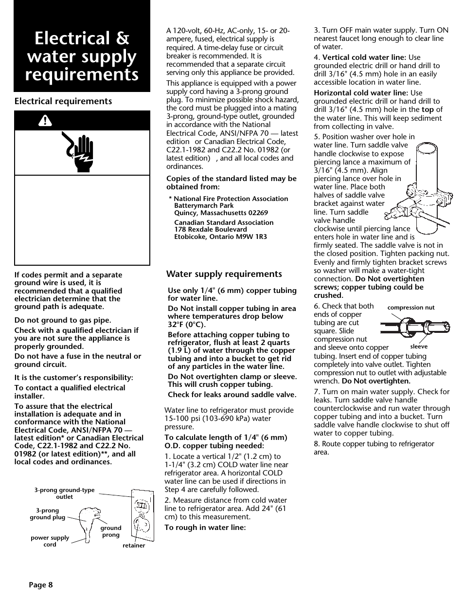 Electrical & water supply requirements, Warning | KITCHENAID DHT-486XP User Manual | Page 8 / 34