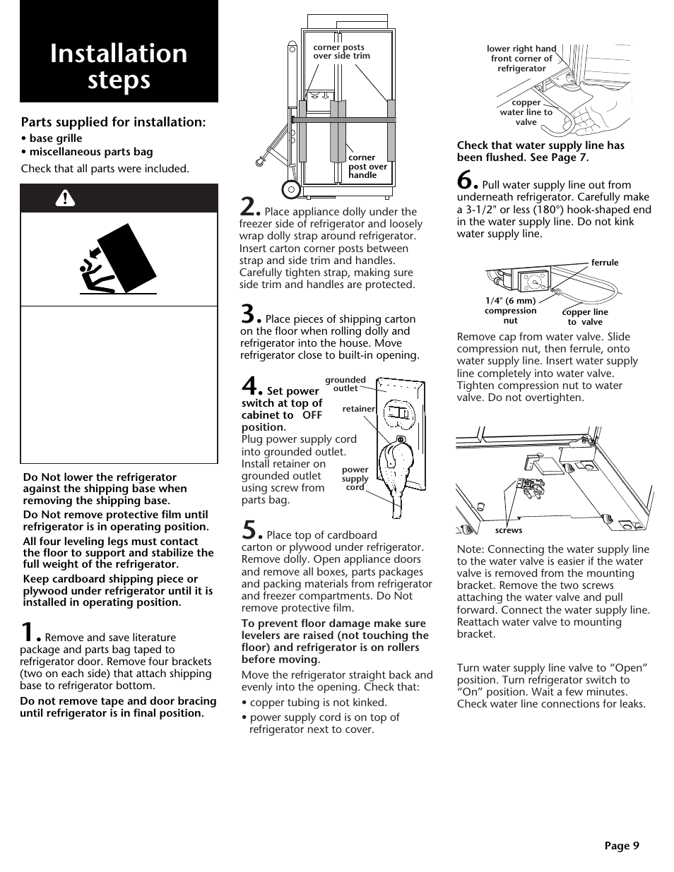 Installation, Installation steps, Warning | KITCHENAID DHT-486XP User Manual | Page 9 / 34