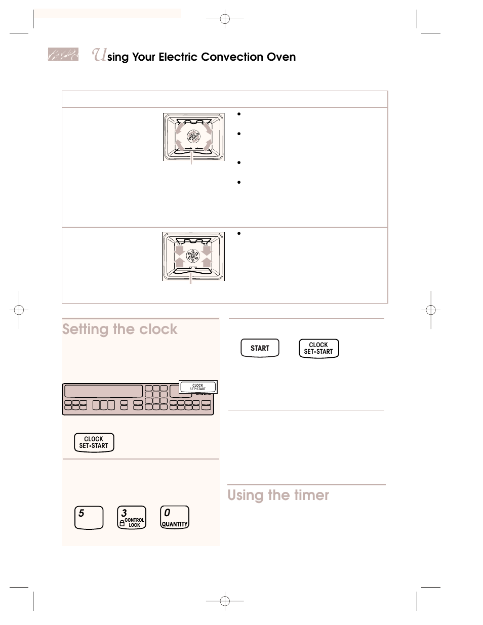 Setting the clock, Using the timer, Sing your electric convection oven | KITCHENAID KEMC378 User Manual | Page 10 / 40