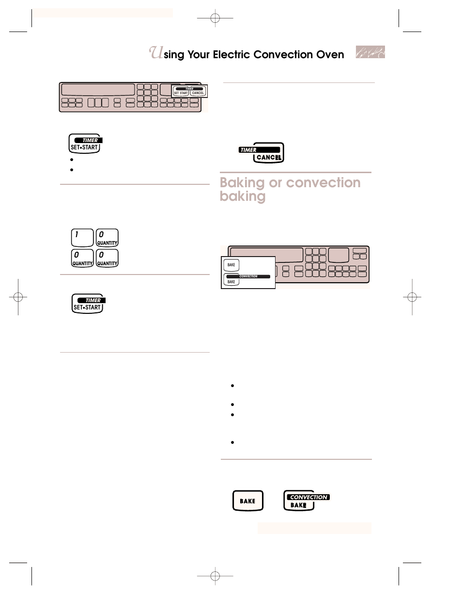 Baking or convection baking, Sing your electric convection oven, Choose baking setting | Position racks, Press, Enter time to be counted down, When time is up, turn off timer | KITCHENAID KEMC378 User Manual | Page 11 / 40