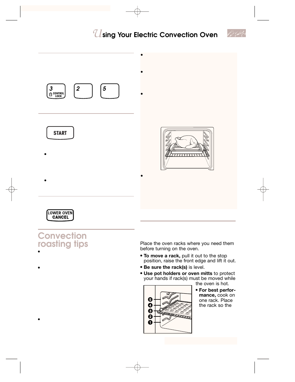 Convection roasting tips, Positioning racks and pans, Sing your electric convection oven | KITCHENAID KEMC378 User Manual | Page 13 / 40