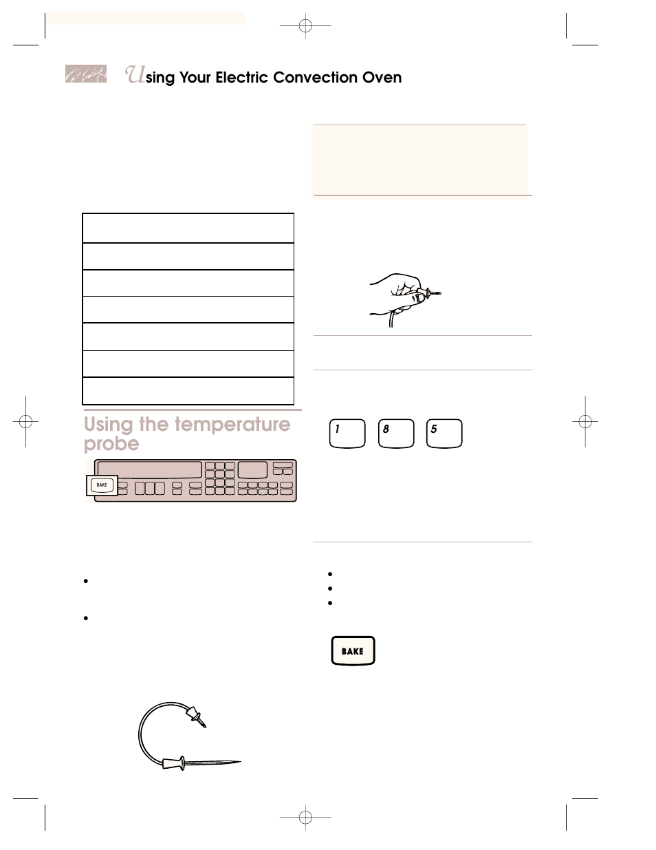 Using the temperature probe, Sing your electric convection oven | KITCHENAID KEMC378 User Manual | Page 16 / 40