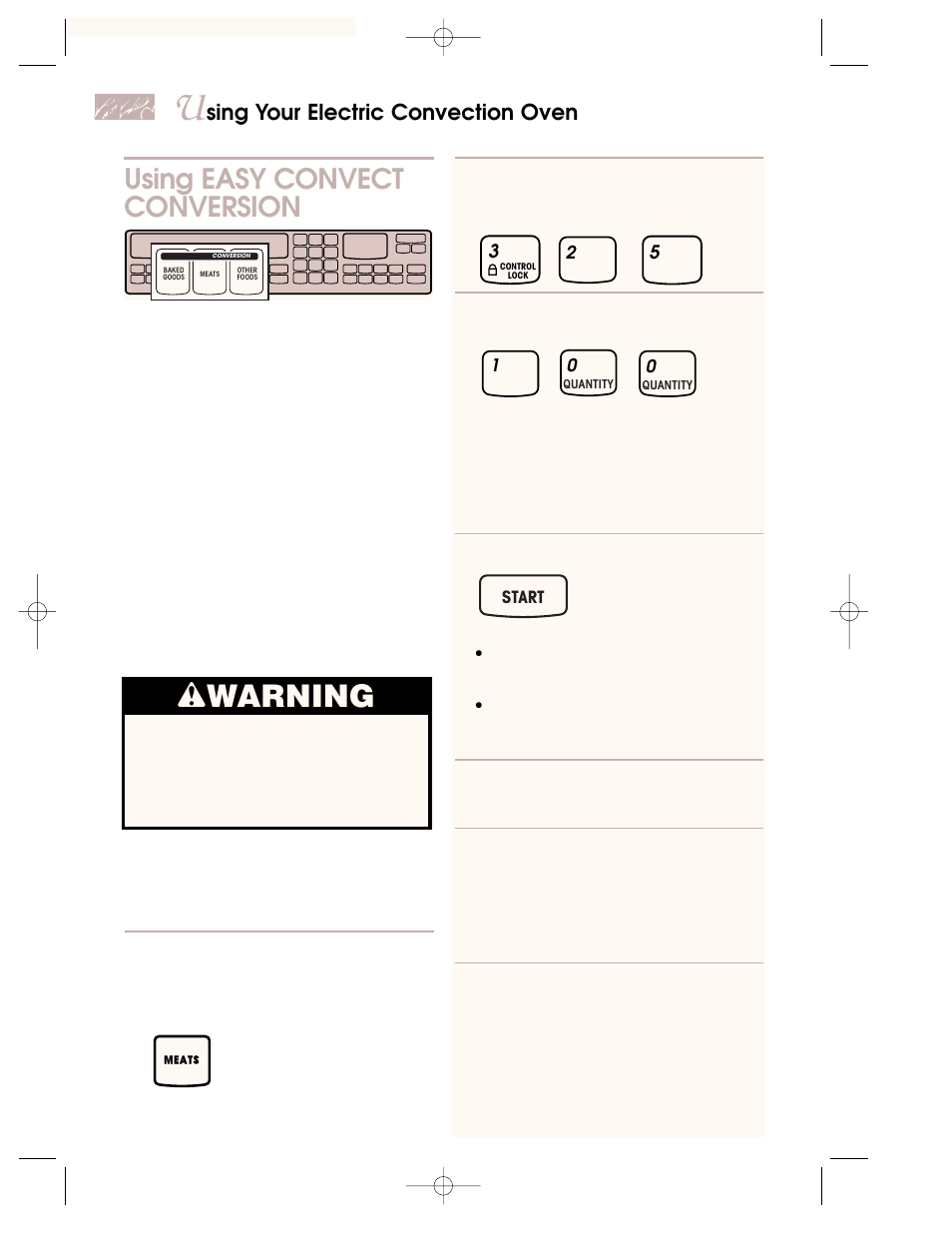 Using easy convect conversion, Wwarning, Using easy convect | Conversion, Sing your electric convection oven | KITCHENAID KEMC378 User Manual | Page 20 / 40