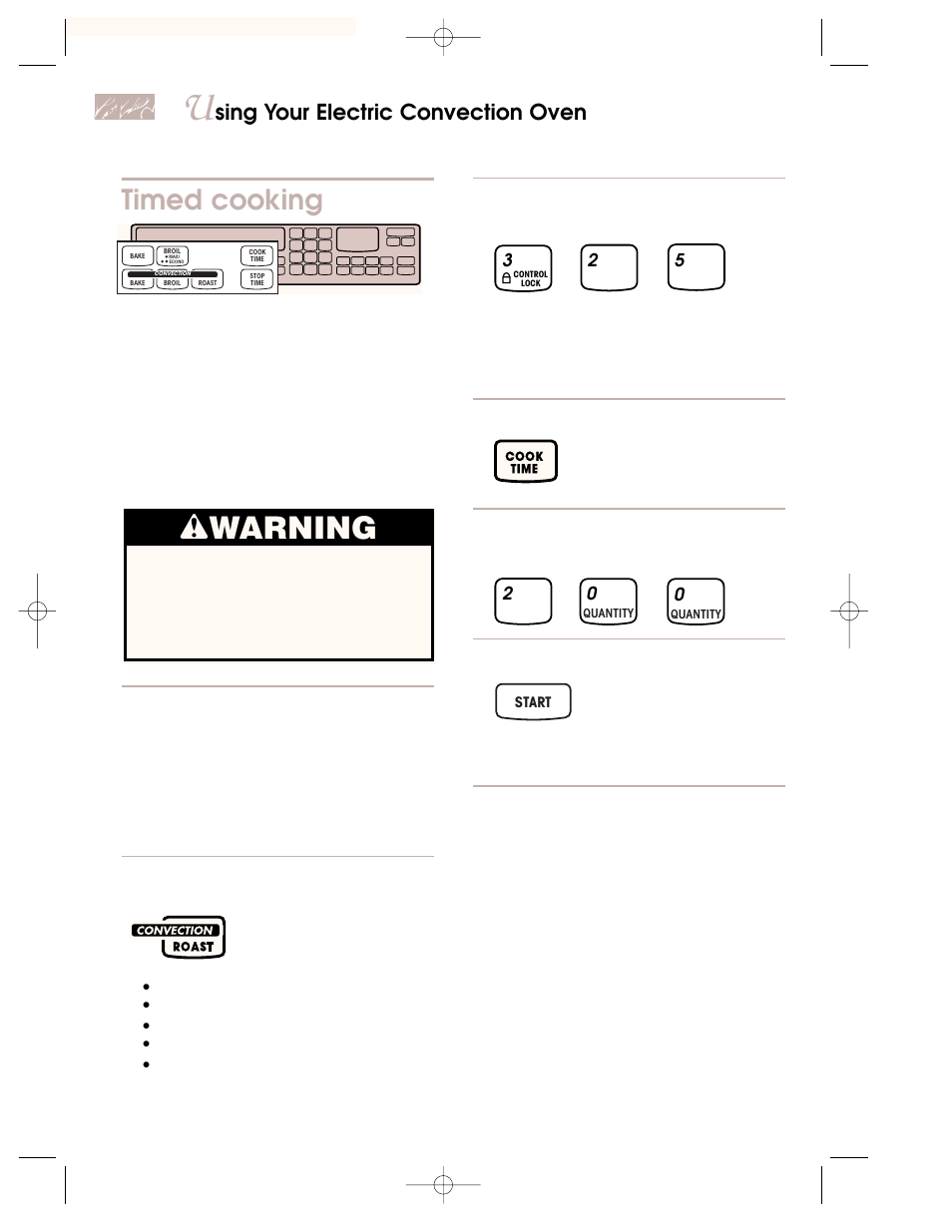 Timed cooking, Wwarning, Sing your electric convection oven | KITCHENAID KEMC378 User Manual | Page 24 / 40