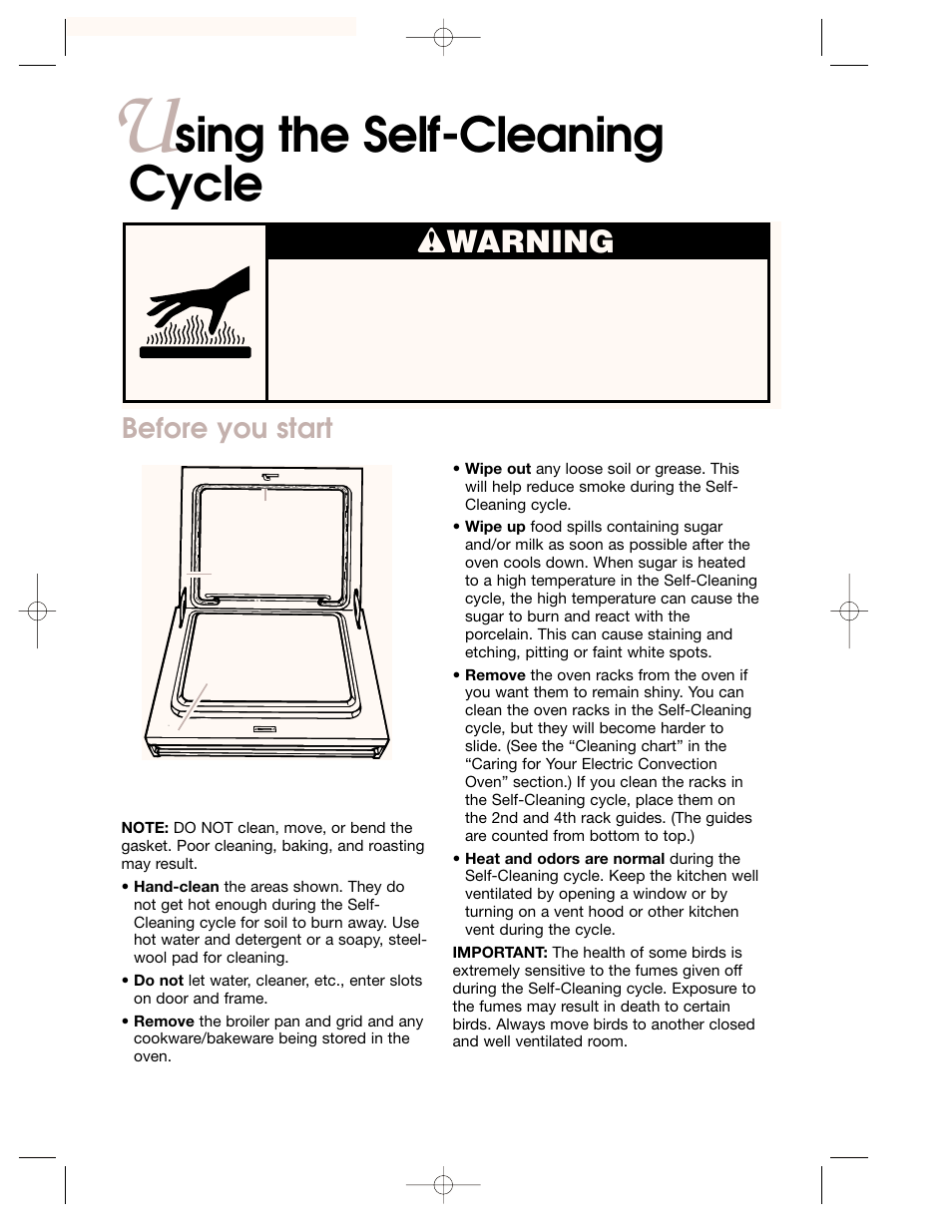 Using the self-cleaning cycle, Before you start, Sing the self-cleaning cycle | Wwarning | KITCHENAID KEMC378 User Manual | Page 28 / 40