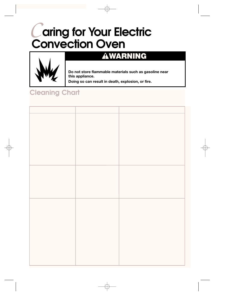 Caring for your electric convection oven, Cleaning chart, Aring for your electric convection oven | Warning | KITCHENAID KEMC378 User Manual | Page 31 / 40