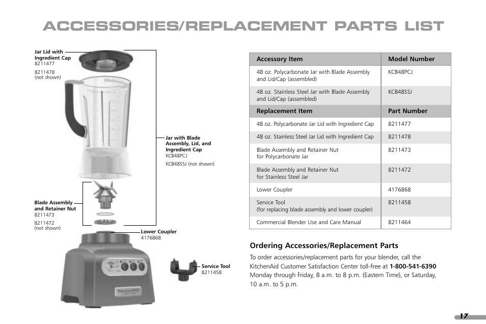 Accessories/replacement parts list, Ordering accessories/replacement parts | KITCHENAID KCB148 User Manual | Page 19 / 24