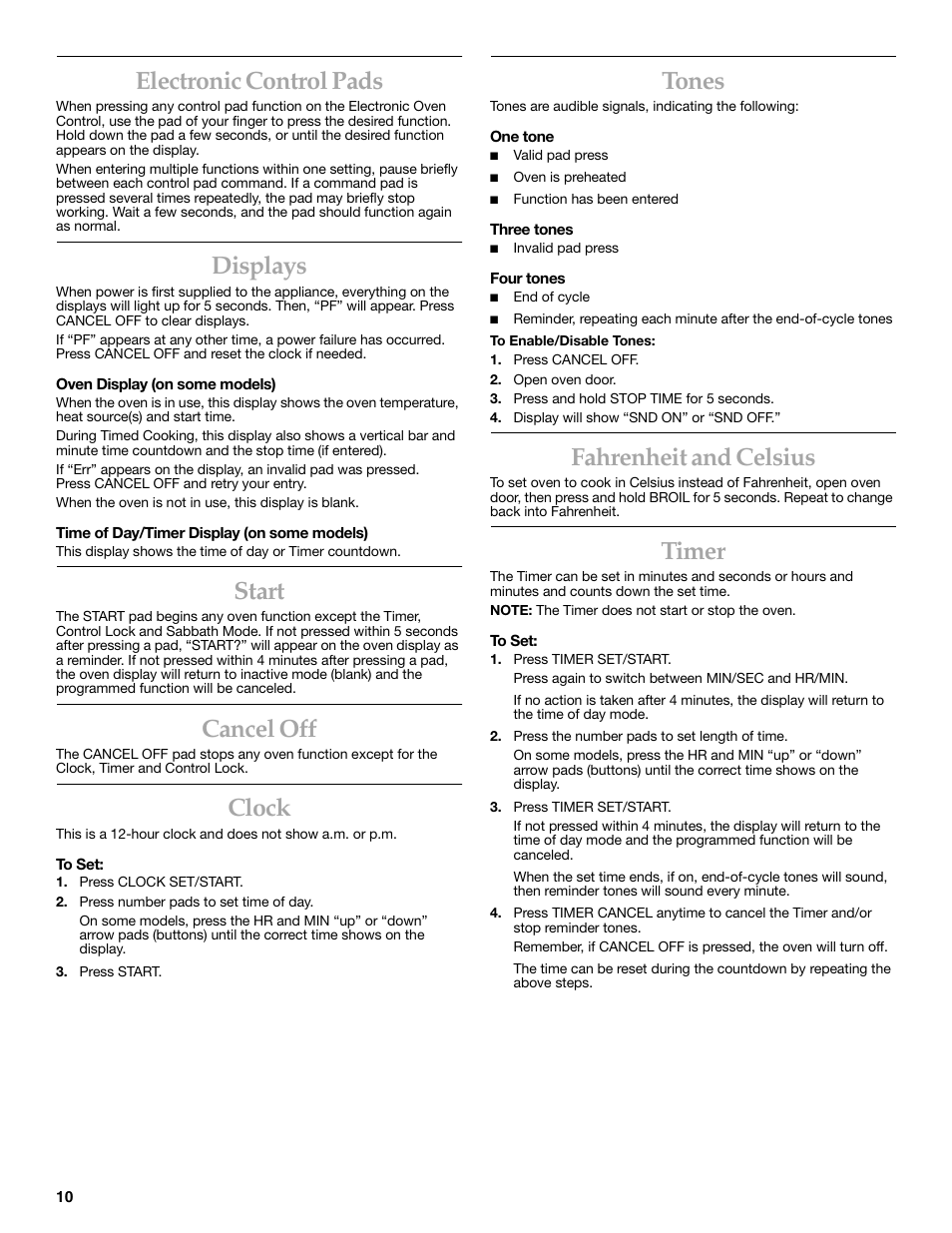 Electronic control pads, Displays, Start | Cancel off, Clock, Tones, Fahrenheit and celsius, Timer | KITCHENAID YKGRC608 User Manual | Page 10 / 28