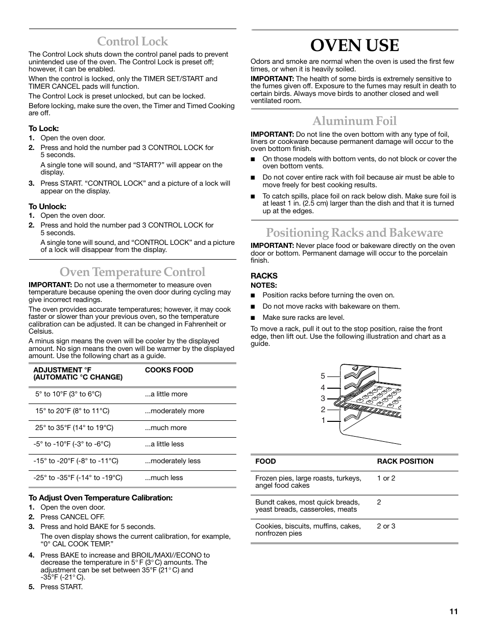 Oven use, Control lock, Oven temperature control | Aluminum foil, Positioning racks and bakeware | KITCHENAID YKGRC608 User Manual | Page 11 / 28