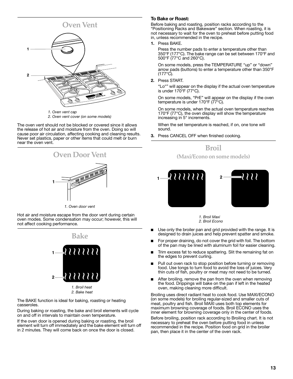 Oven vent, Oven door vent, Bake | Broil, Maxi/econo on some models) | KITCHENAID YKGRC608 User Manual | Page 13 / 28