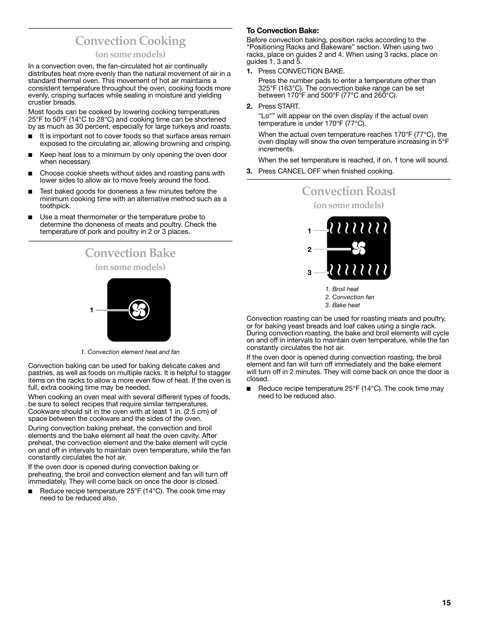 Convection cooking, Convection bake, Convection roast | On some models) | KITCHENAID YKGRC608 User Manual | Page 15 / 28