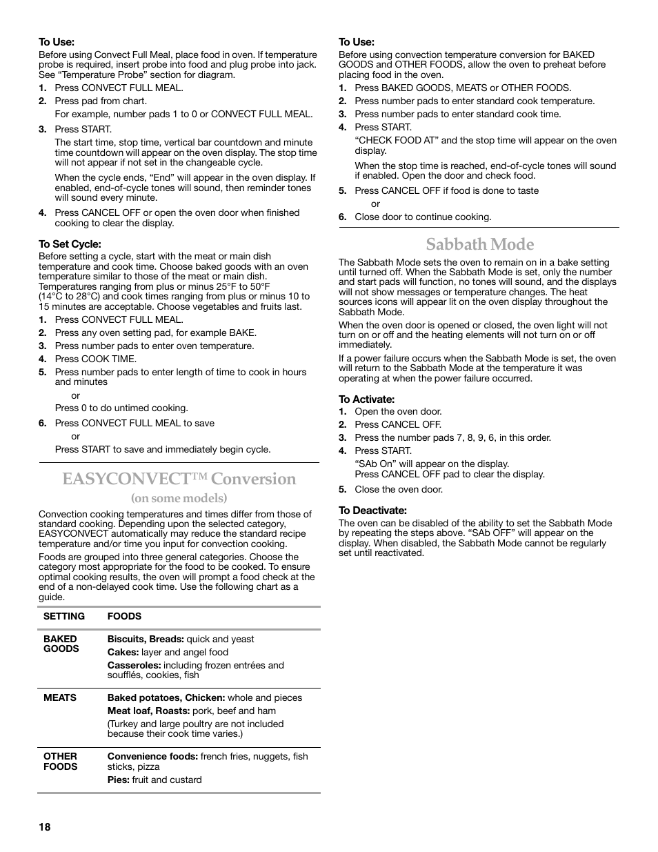 Easyconvect™ conversion, Sabbath mode | KITCHENAID YKGRC608 User Manual | Page 18 / 28