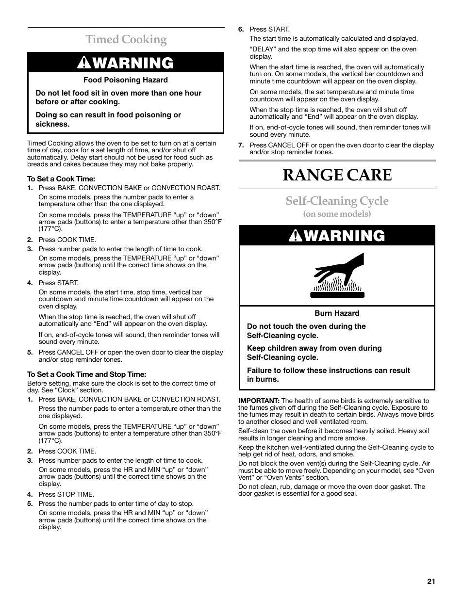 Range care, Warning, Timed cooking | Self-cleaning cycle | KITCHENAID YKGRC608 User Manual | Page 21 / 28