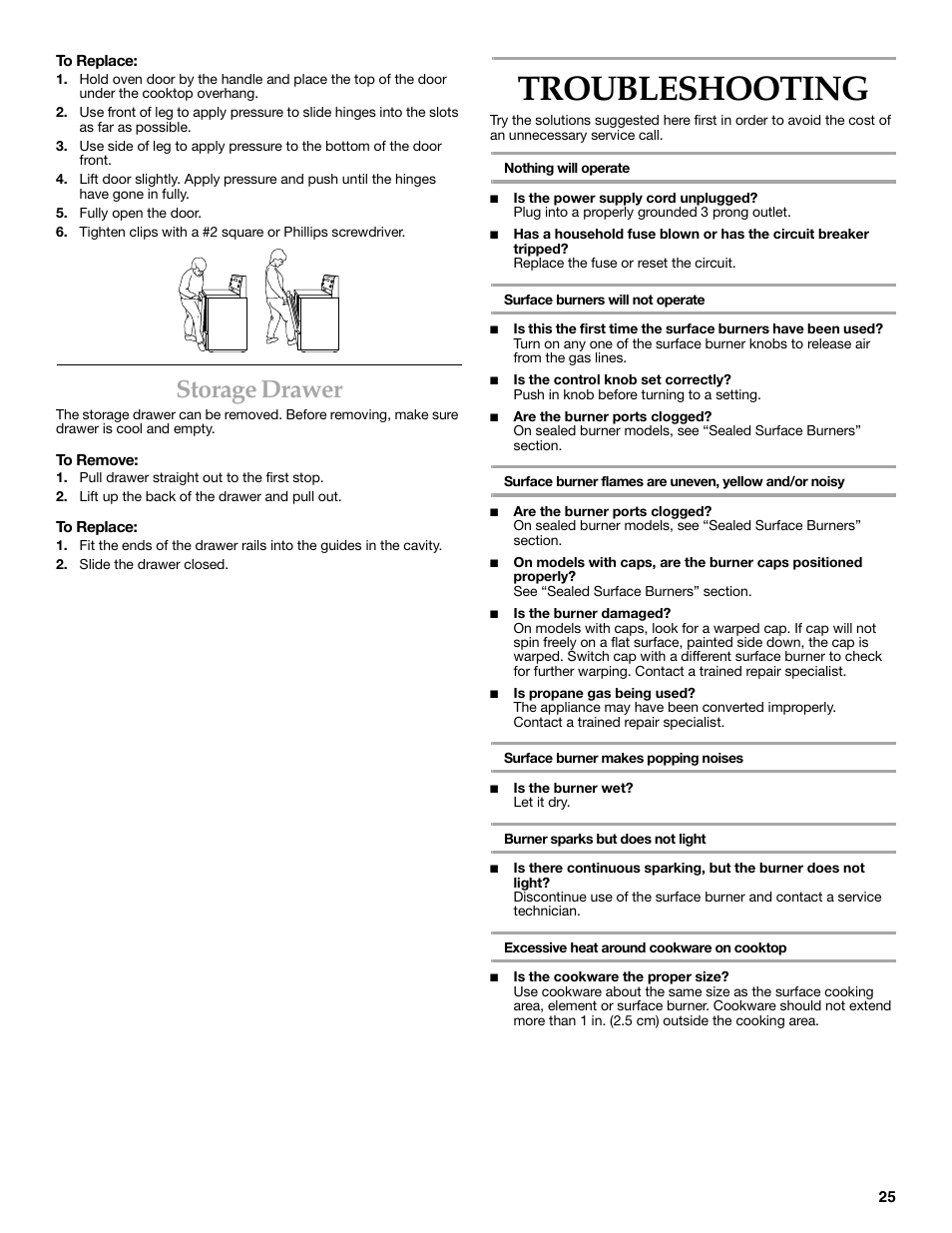 Troubleshooting, Storage drawer | KITCHENAID YKGRC608 User Manual | Page 25 / 28