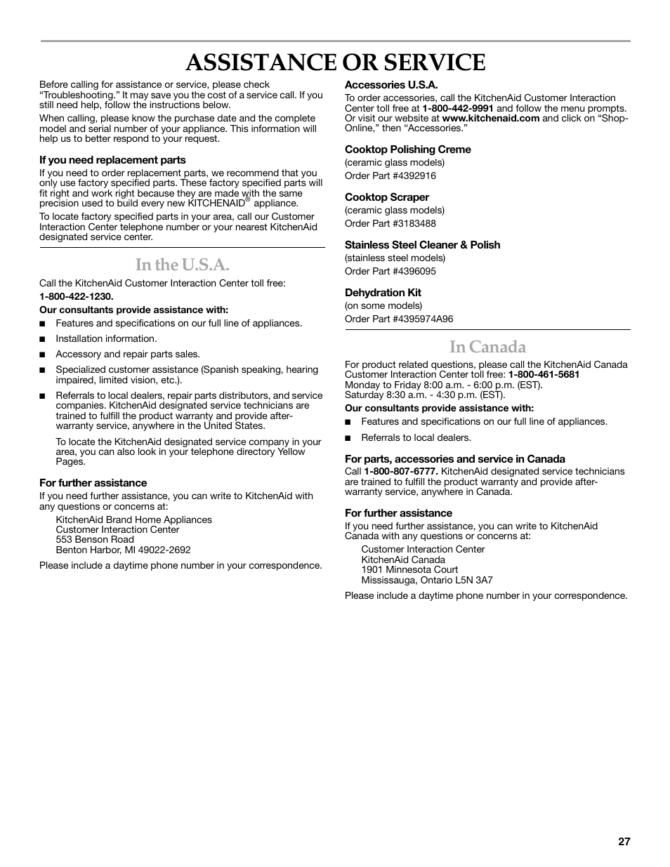 Assistance or service | KITCHENAID YKGRC608 User Manual | Page 27 / 28