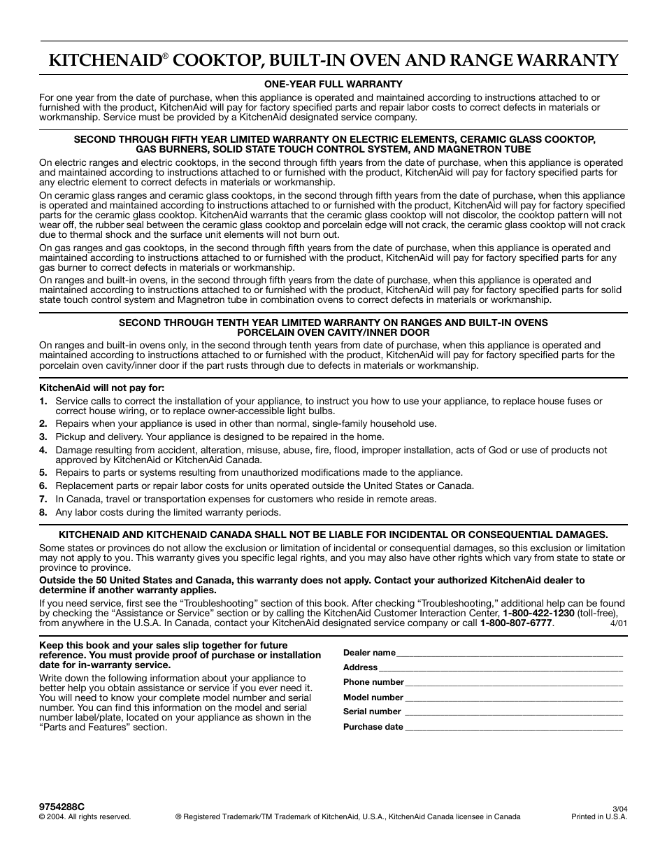 Kitchenaid, Cooktop, built-in oven and range warranty | KITCHENAID YKGRC608 User Manual | Page 28 / 28
