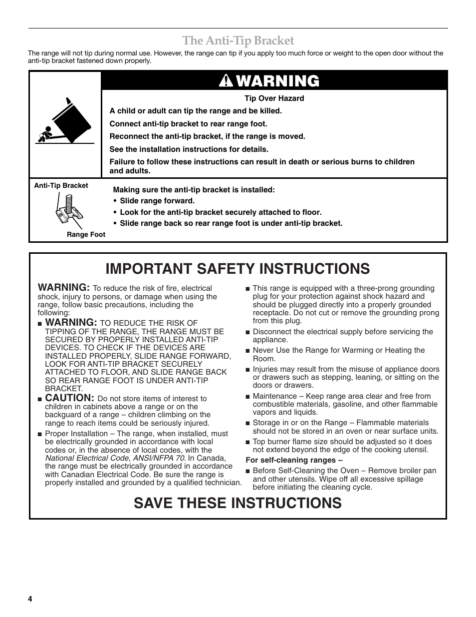 Warning, Save these instructions, Important safety instructions | The anti-tip bracket, Caution | KITCHENAID YKGRC608 User Manual | Page 4 / 28