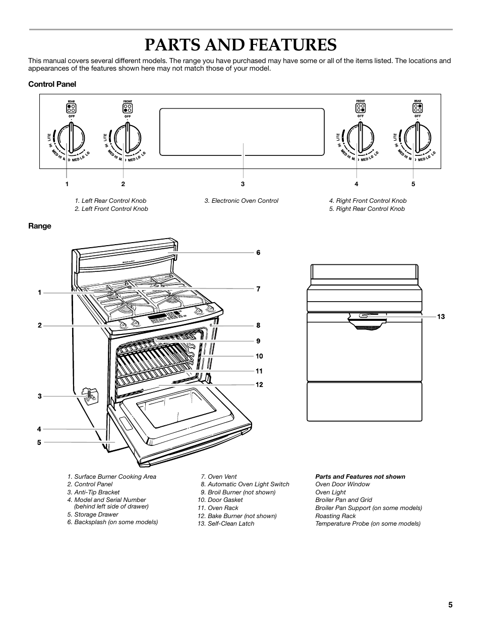 Parts and features, Control panel range | KITCHENAID YKGRC608 User Manual | Page 5 / 28