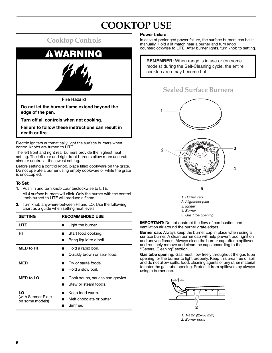 Cooktop use, Warning, Cooktop controls | Sealed surface burners | KITCHENAID YKGRC608 User Manual | Page 6 / 28